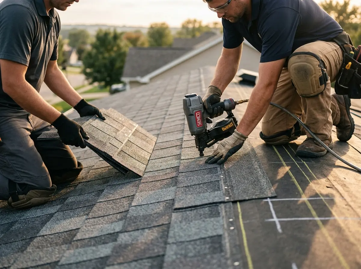 Professional roofer working on a residential roof in Fort Madison